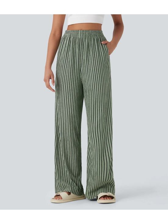 Halara Pants - Halara High Waisted Straight Leg Crinkle Casual Pants Green Black Stripes Size M